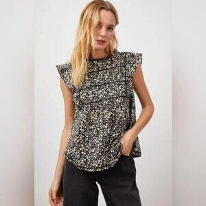 Rails Floral Sleeveless Blouse XS Black Ruffle Smocked Lightweight Top 🌼